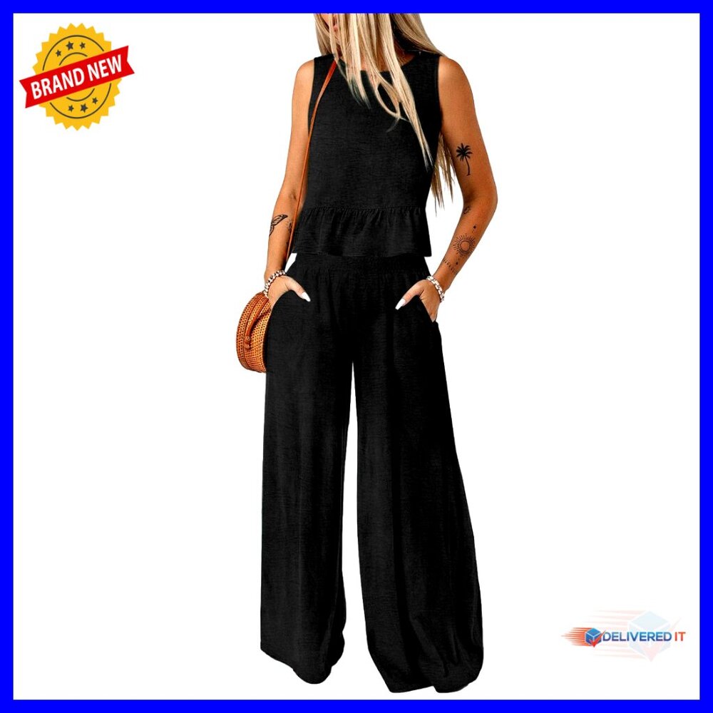 Sleeveless Tank Top And Wide Leg Pants Set Elastic Waist Two Piece Outfit